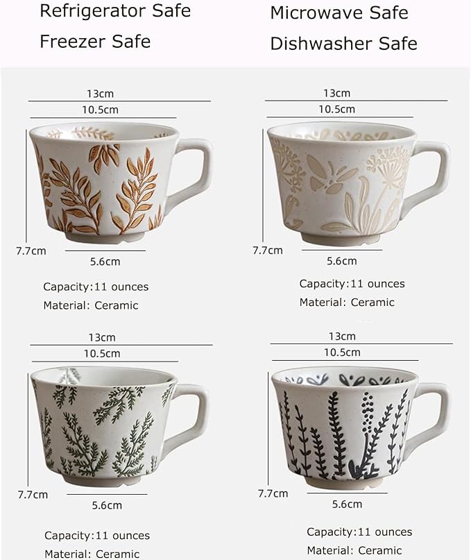 4 Pack 12oz Embossed Leaf Ceramic Coffee Mugs, Vintage Speckled Stoneware Tea - Image 9