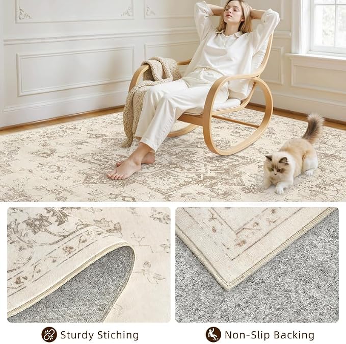3x5 Area Rugs for Living Room: Vintage Boho Neutral Washable Rug Indoor Soft - Image 4