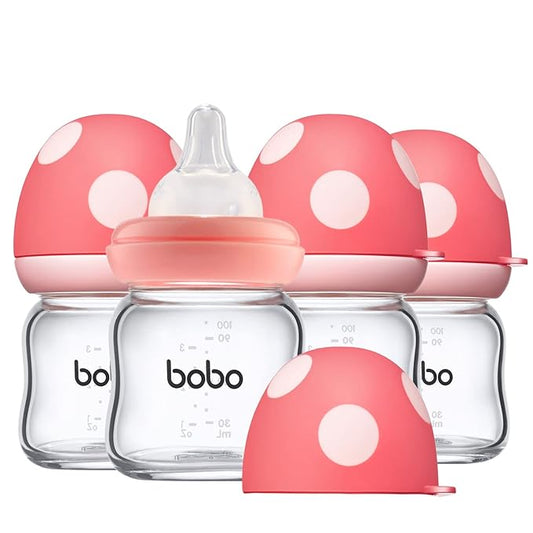 YOHKOH Natural Glass Baby Bottle with Natural Response Nipple, Newborn Anti-Colic Baby Bottles, Wide Neck Mushroom Cap Baby Bottle, Clear (3.4oz (Pack of 4), Red)