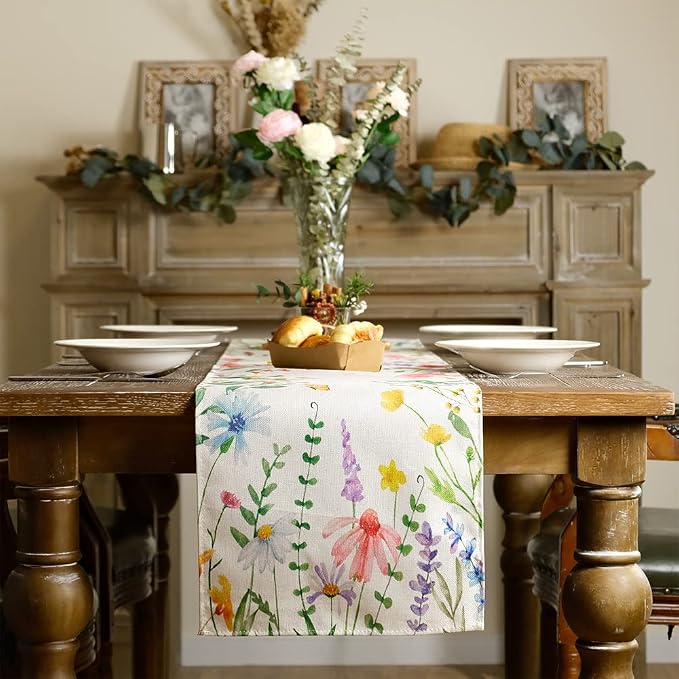 Spring Table Runner 13x90 Inch Watercolor Wild Flower Farmhouse Rustic Holiday - Image 2