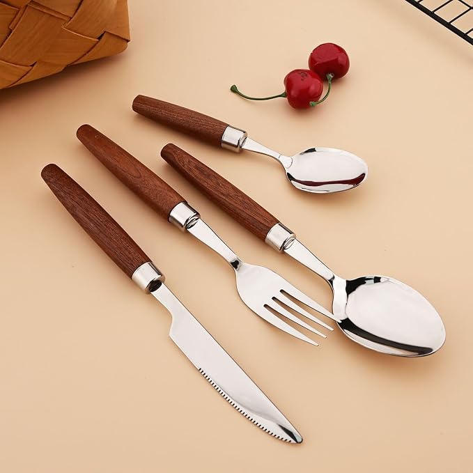 16-Piece Wooden Handle Silverware Set, BRIIEC 304 Stainless Steel Flatware Set - Image 5
