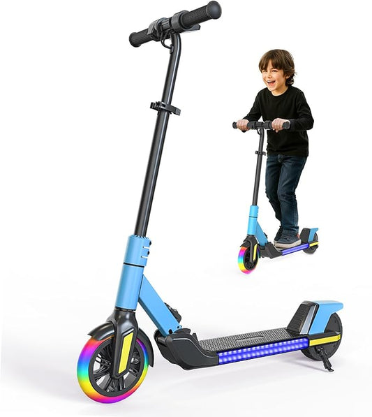 Foldable Children's Electric Scooter (Ages 6-14) - Top Speed 16 km/h, Maximum Range 8 km, 7-inch Illuminated Front Wheel, 6-inch Solid Rear Wheel