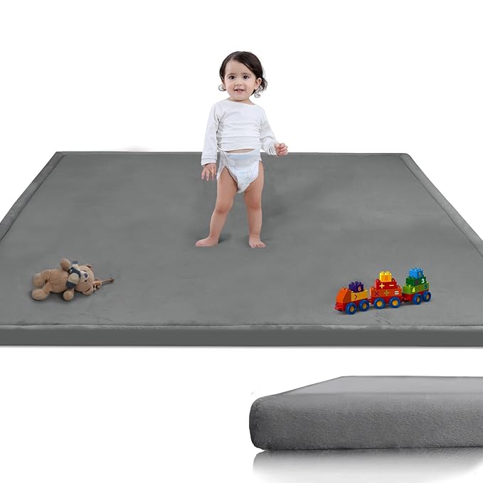 Baby Play Mat for Floor, 1.3"Thick Extra Large Cushioning Memory Foam Playpen Mat, Soft Coral Velvet Baby Crawling Mat with Non-Slip Backing, Baby Nursery Rug for Toddlers, Kids (Dark Grey, 79X59)