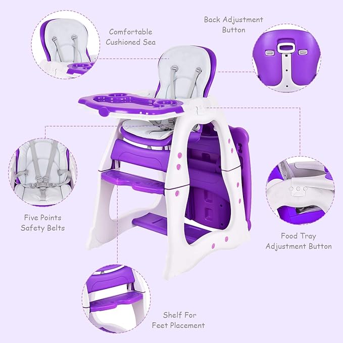 Costzon Baby High Chair, 3 in 1 Infant Table and Chair Set, Convertible Booster Seat with 3-Position Adjustable Feeding Tray, Adjustable Seat Back, 5-Point Harness (Purple)