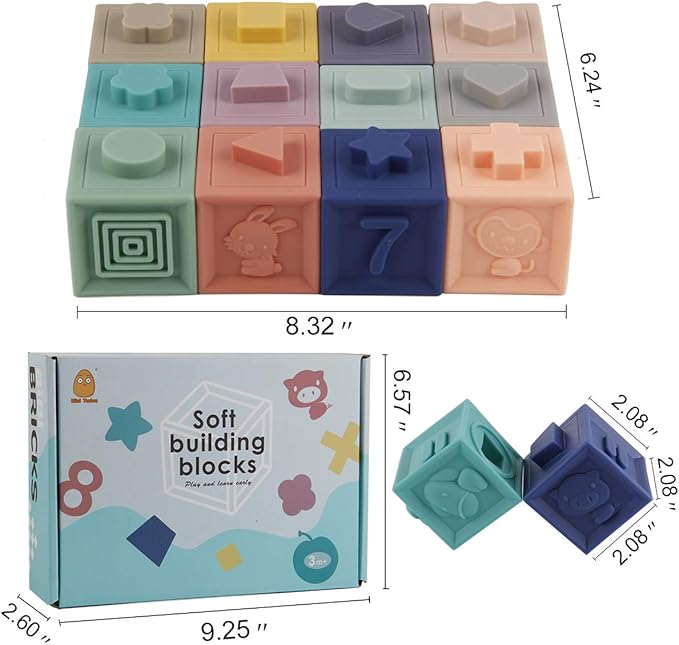 Mini Tudou Baby Blocks Soft Building Blocks Baby Toys Teethers Toy Educational Squeeze Play with Numbers Animals Shapes Textures 6 Months and Up 12PCS