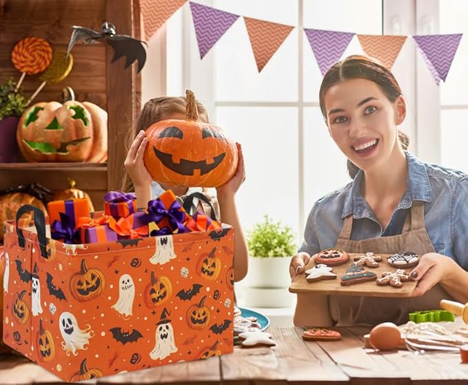 HIYAGON Halloween Basket Halloween Pumpkin Basket for Boys and Girls Trick or Treat Pumpkin Basket for Halloween Parties Cute Storage Bin Organizer Box Rectangular Room Decor(Halloween Pumpkin)