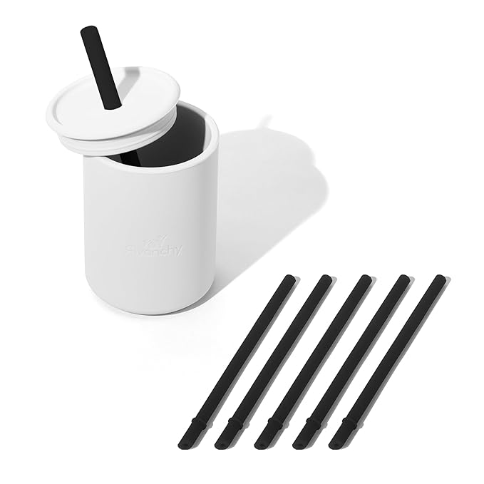 Avanchy Silicone Training Sippy Cup with Straw Lid – For Babies 6+ Months to Toddlers 1 Year Old – 8 oz Infant Water Cup for Baby Led Weaning, White + 5 Reusable Straws