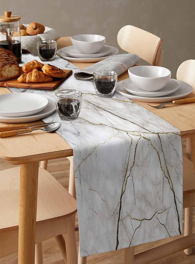 Marble Table Runner-Cotton Linen-Long 72 inche White Gray Gold Dresser Scarves - Image 6