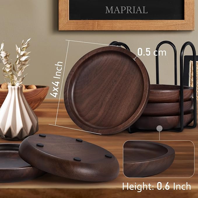 Wood Coasters Set of 4 with Holder, 4 Inch 100% Natural Walnut Wooden Drink - Image 3