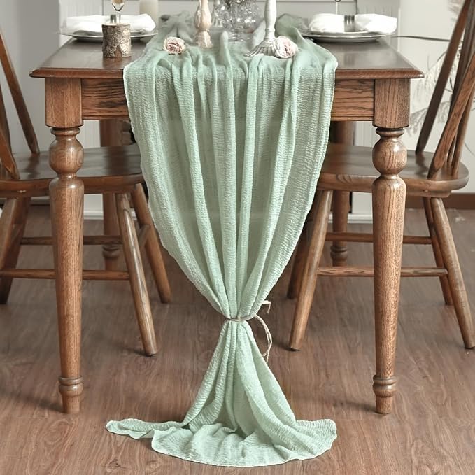 Artoid Mode Boho Cheesecloth Gauze Sage Green Wedding Table Runner, 160 Inch - Image 2