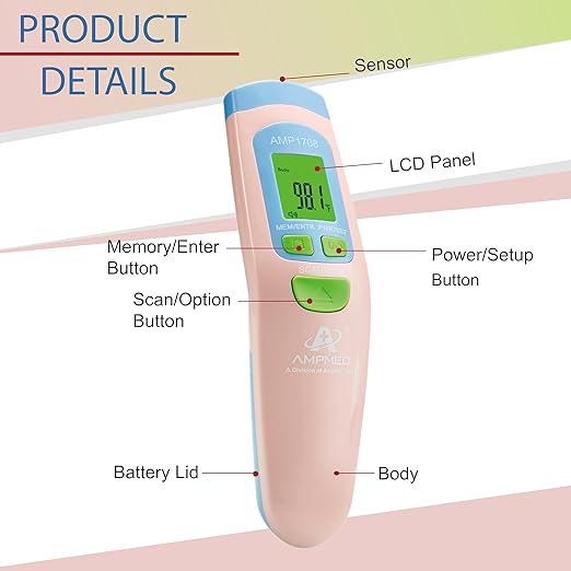 Amplim Non-Contact Forehead Thermometer for Adults, Kids & Infants | Ampmed No-Touch Medical Grade Temporal Fever Thermometer with Case, Nurse Accessories for Work, FDA-Cleared Pink Termometro Digital