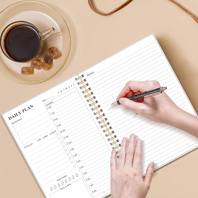 Daily Planner Undated - A5 To Do List Notebook Hourly Schedules, Spiral Appointment Planner for Women and Men, PVC Hardcover, Inner Pocket, Elastic Closure, 5.8" x 8.3", Rose Leaf