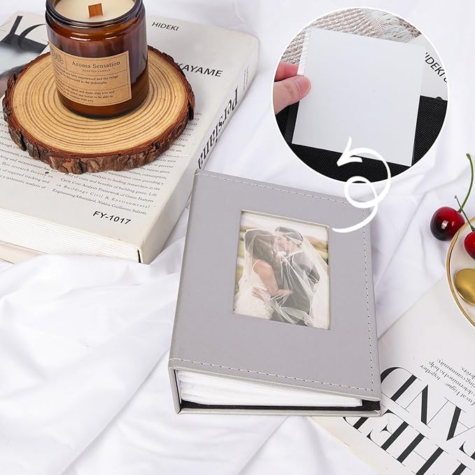 RECUTMS Photo Album 4x6 Photos - 52 Photos Small Mini Capacity Premium Leather Cover, Photo Album for Family Wedding Anniversary Vacation Traveling (Silver)