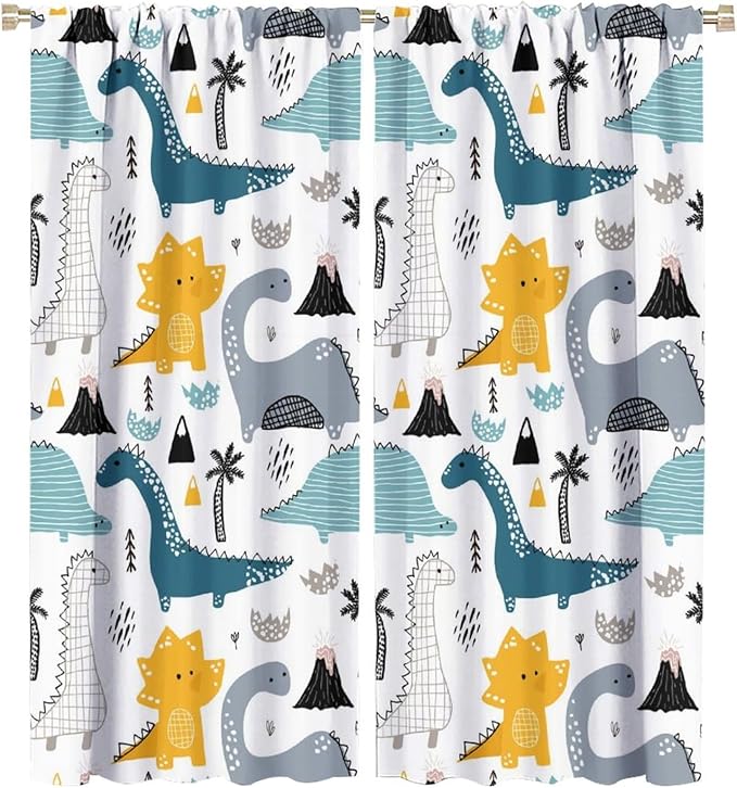 Kids Dinosaur Curtains for Boy Girl Bedroom Decor Cartoon Dino Colorful Cute Funny Wildlife Animal Printed Blackout Rod Pocket Window Drapes for Baby Nursery Playroom Living Room W27.5xL63in 2 Panels