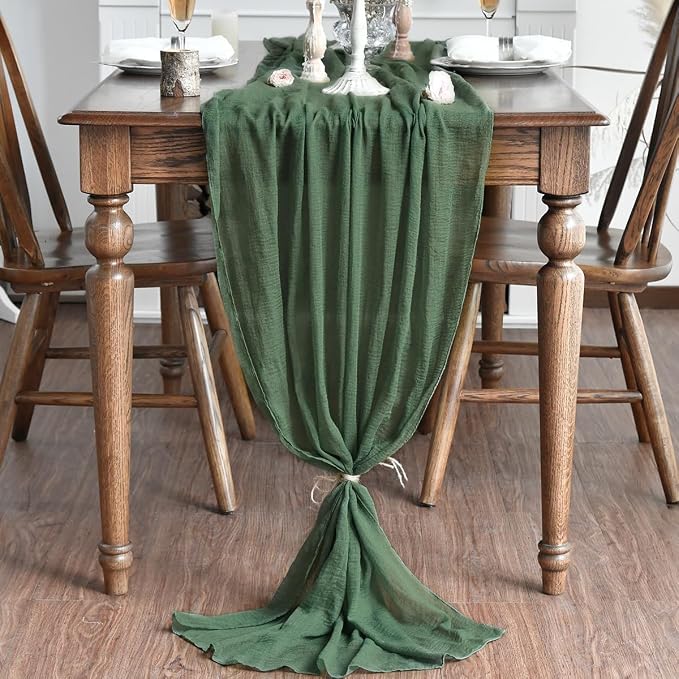 Artoid Mode Boho Forest Green Gauze 6 Pieces Wedding Table Runner, 120 Inch - Image 4