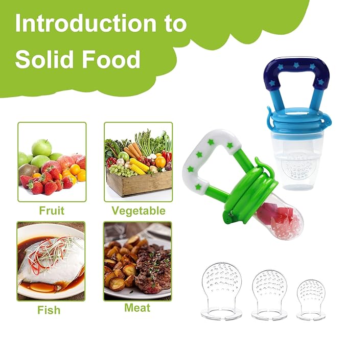 WAJIAYON Food Feeder for Baby, Fruit Feeder Pacifier (3 Pcs) with 6 Different Sized Silicone Pacifiers,Silicone Baby Food Dispensing Spoon 90ML with Babies Spoons,Pacifier Clip Babies Feeding Set