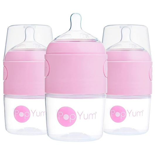 PopYum 5 oz Pink Anti-Colic Formula Making/Mixing/Dispenser Baby Bottles, 3-Pack with #1 Slow Flow Nipples, 150 ml, BPA-Free, Natural Latch