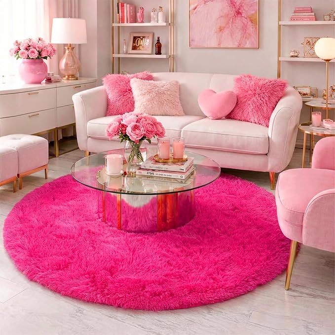 Hot Pink Round Rug 4Ft for Girls Bedroom, Fluffy Circle Area Rugs for Kids Room - Image 3