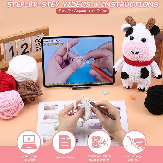 Crochet Animal Kit – 10in Big Adorable COW, Amigurumi Crochet Kit For Intermediate Advanced Level, Kids Knitting Kit With Detailed Videos Tutorials, Yarn, Crochet Hook, Best Gift For Crochet Lovers