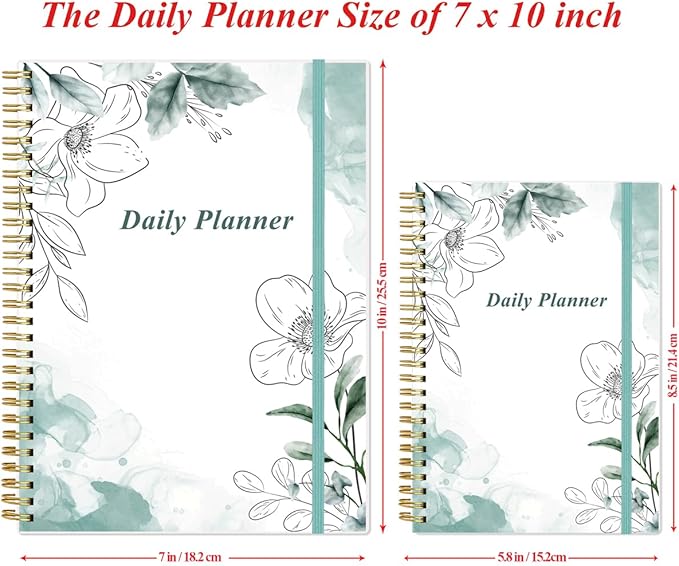 Daily Planner Undated - B5 To Do List Notebook Hourly Schedules, Spiral Appointment Planner for Women and Men, PVC Hardcover, Inner Pocket, Elastic Closure, 7" x 10", Teal Flowers