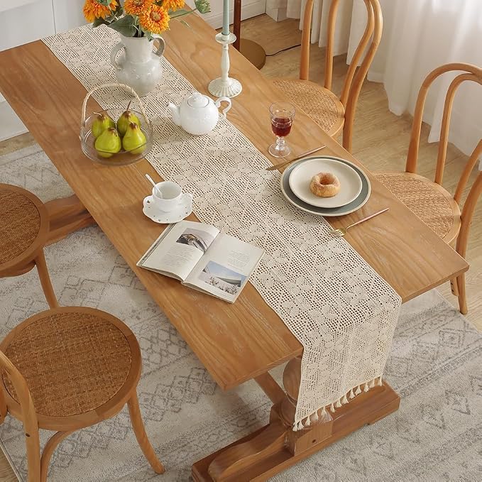meioro Mesh Woven Table Runners, 35x94 Inch Boho Cotton Table Runner - Image 2