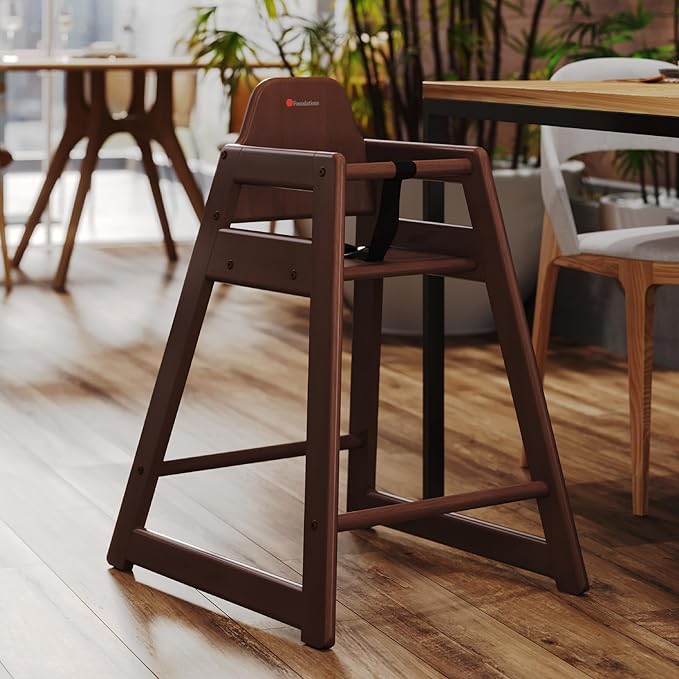 Foundations Neat Seat Wood Highchair for Restaurants, Easy to Clean, “No-tip” Feet, 3-point Safety Harness, Durable Hardwood, Small Footprint, Stackable (Antique Cherry)