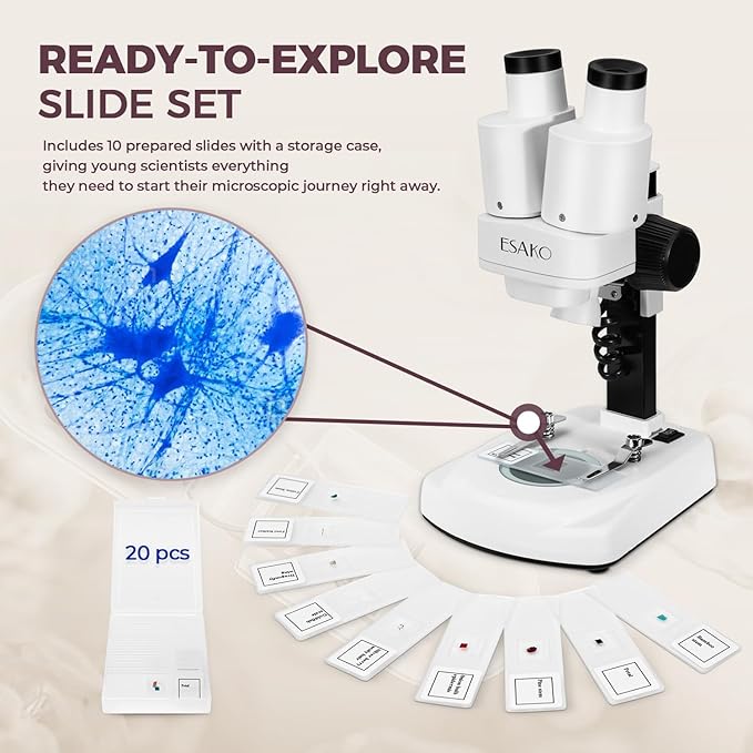 ESAKO Dual LED Kids Microscope - 52+ Piece Science Kit with Mineral & Insect Specimens, 10 Prepared Slides & 10 DIY Blank Slides, Microscope kit for Kids 8-12