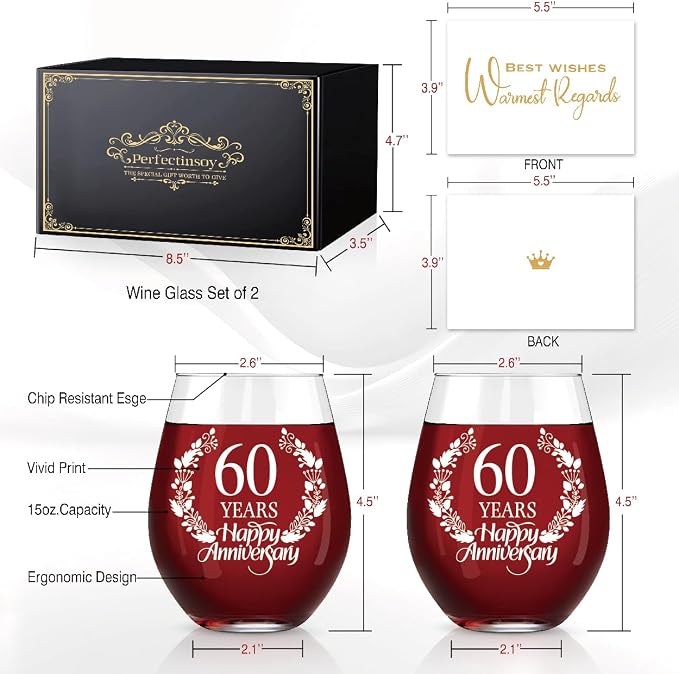 Perfectinsoy 60 Years Happy Anniversary Wine Glass Set of 2, 60th Anniversary - Image 2