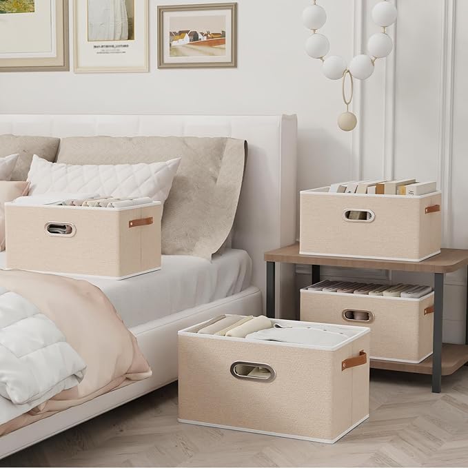Yawinhe Collapsible Storage Box, Cube Storage Basket, Fabric Foldable Storage Bins Organizer Containers with Dual Leather Handles for Home Bedroom Closet Office,15.0 x 9.8 x 8.3 Inch, (Beige, 4-Pack)