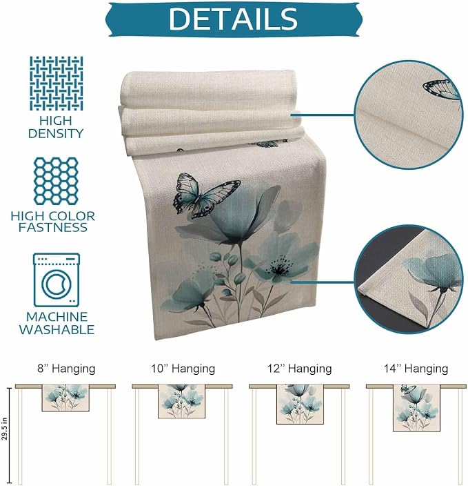 Turquoise Floral Table Runners 90 Inches Long, Spring Flowers Butterfly Table - Image 8