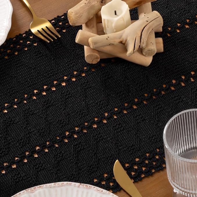 DeZerlor Black Boho Macrame Farmhouse Woven Table Runner 36Inch | Cotton Linen - Image 5