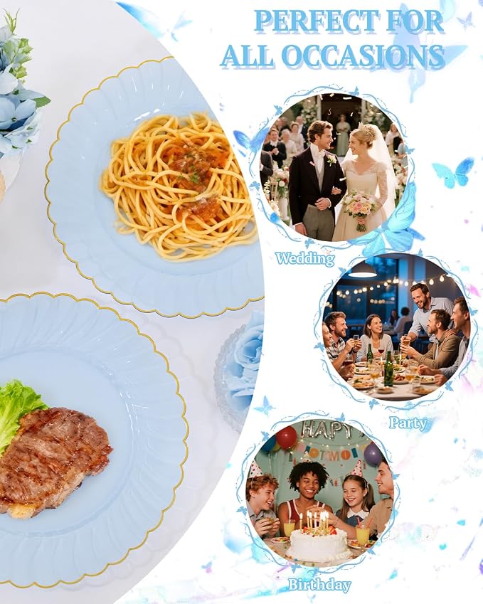 YOUBET 175PCS Clear Blue Scalloped Plastic Plates - Image 7