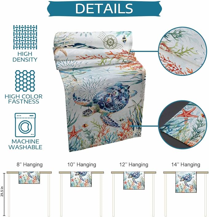 Sea Turtle Coastal Table Runners 90 Inches Long, Summer Beach Coral Table - Image 8
