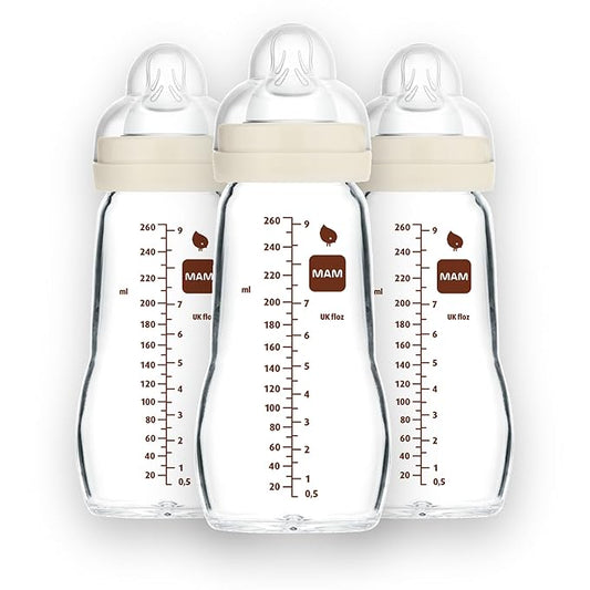 MAM Premium Glass Baby Bottles, Easy Switch Between Breast and Bottle, Feel Good Slow Flow, Newborn Essentials Must Have, 2+ Months, BPA Free, 9oz, Unisex, 3 Pack