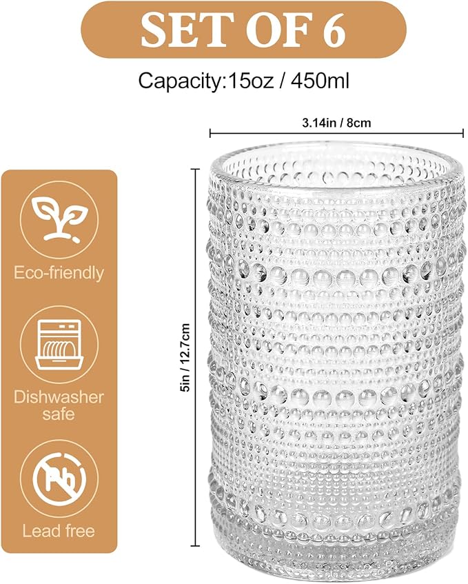 ZMOWIPDL Drinking Glasses Set of 6, 15 oz Clear Hobnail Glass Cups | Vintage - Image 2