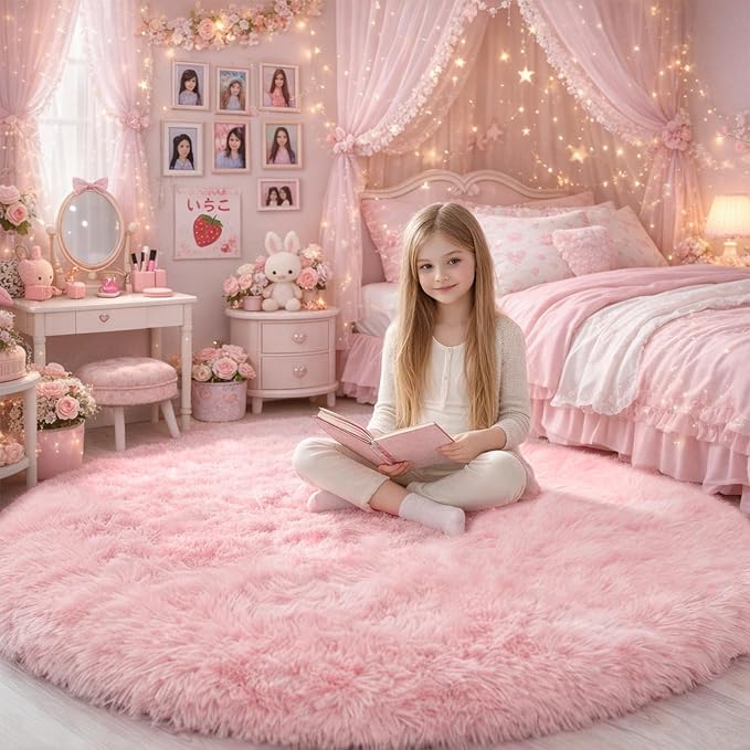 Pink Round Area Rugs 6Ft for Nursery Kids Bedroom, Large Fluffy Shag Circle Rug by Amdrebio