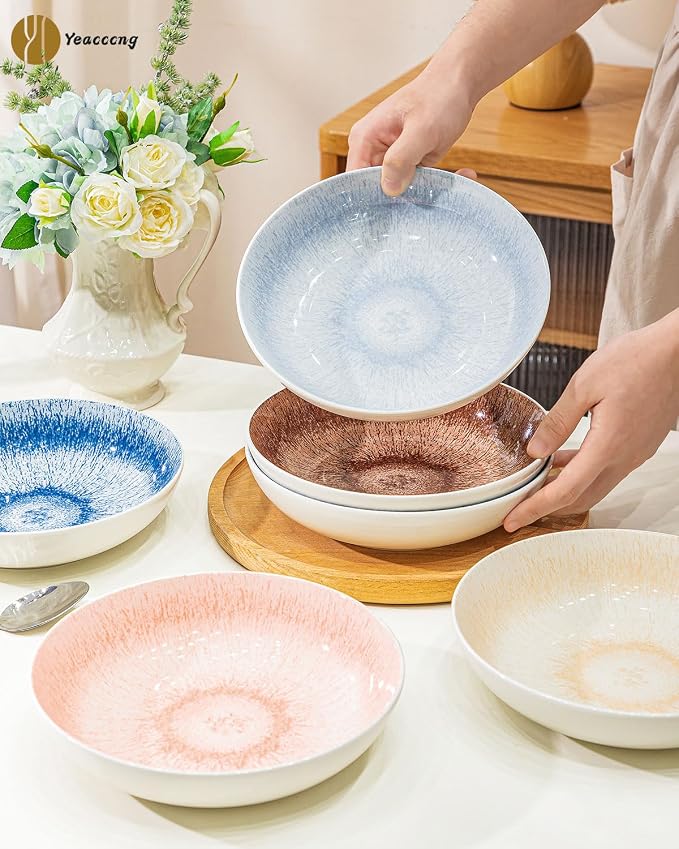 Yeacccng Pasta Bowls Set of 6, 8.7 Inch 39 Oz Colorful Reactive Glaze Ceramic - Image 9