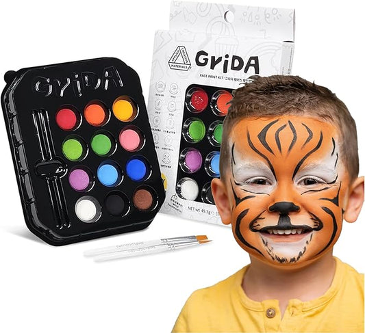 Grida Kids Friendly Face Paint - Professional Party Face Painting Kit for Kids with 12 Vibrant Colors with Double White - Easy to Remove, Vegan, Cruelty-Free Set with Palette & Art Brushes