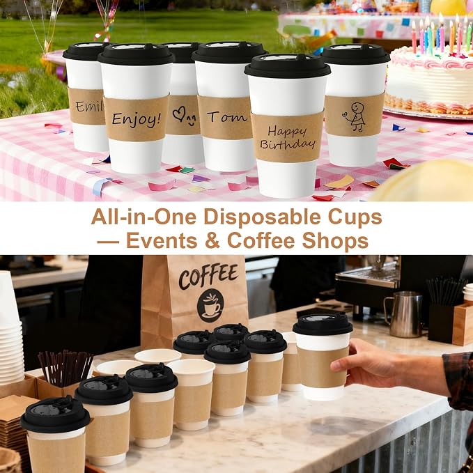 16 oz 50 Pack Coffee Cups with Lids and Sleeves, Hot Disposable To Go Travel - Image 9