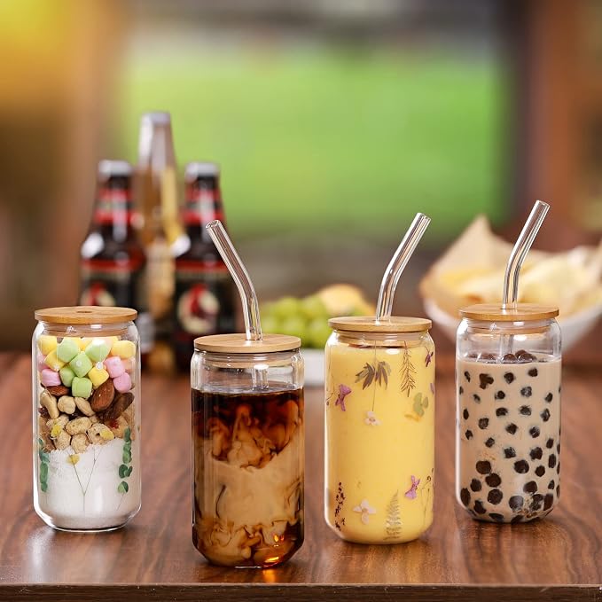 Drinking Glasses with Bamboo Lids and Glass Straw 4pcs Set - 16oz Glass Cups - Image 3