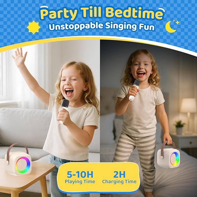 Karaoke Machine for Kids, Toys for 3-12 Years Old Girls Gifts, Kids Karaoke Microphone Machine Toy, Best Fun Christmas Birthday Gifts for 5 6 7 8 9 10 11 Years Teens Girl Boys Beige 2 Mic