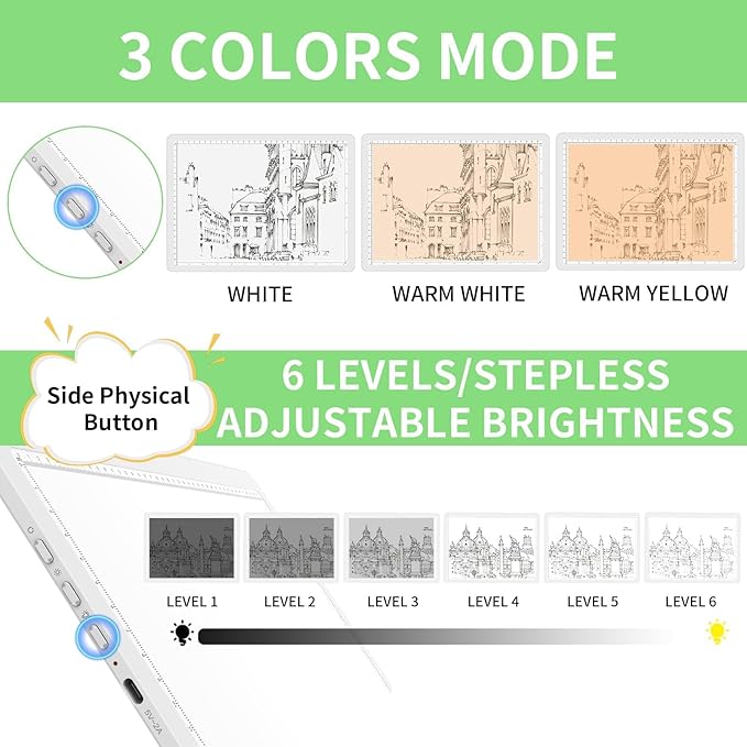 KOBAIBAN A4 Magnetic Light Box for Tracing, Rechargeable Diamond Art Light Board with Side Physical Buttons, 3 Color Light Modes Super Bright Light Pad for Diamond Painting, Weeding Vinyl (White)