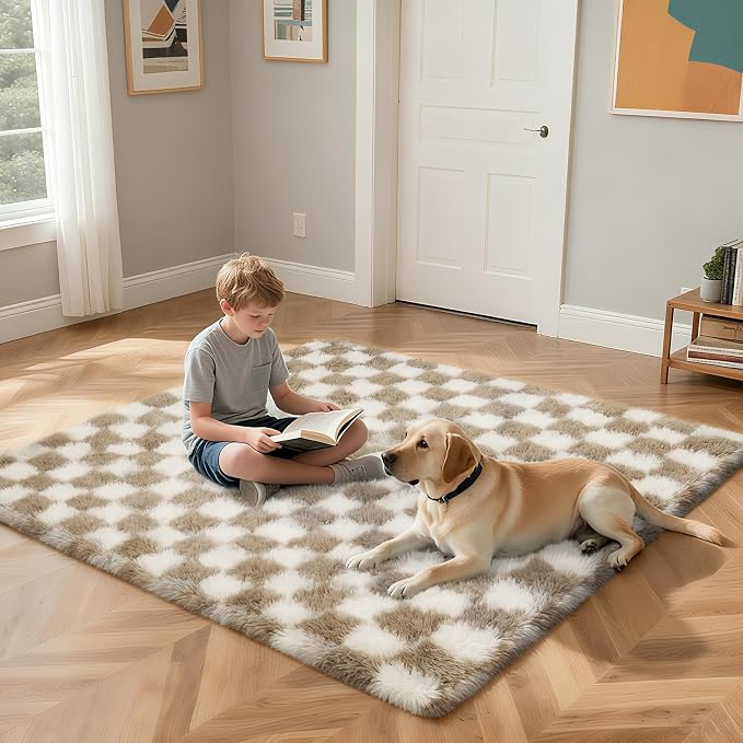Checkered Rug for Bedroom, 4x6 Beige and White Area Rugs, Classic Checkered - Image 4
