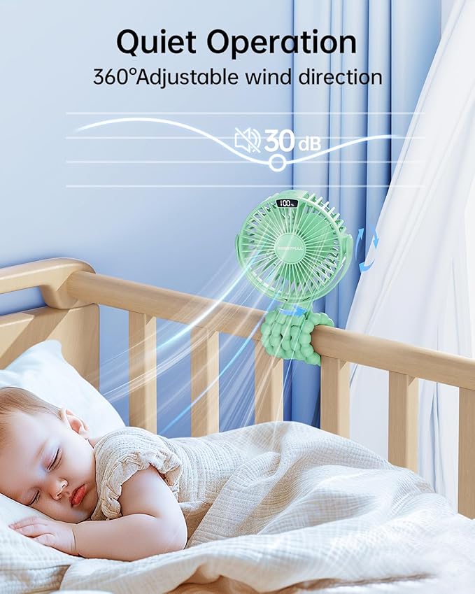 SWEETFULL Portable Stroller Fan with Display 4000mAh Battery Powered Mini Clip On Fan, 4-Speed Rechargeable Small Personal Cooling for Baby Car Seat Crib Travel - Green