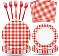100 Pcs Red White Gingham Party Supplies Set, Serves 25 – Disposable Checkered by Merriva