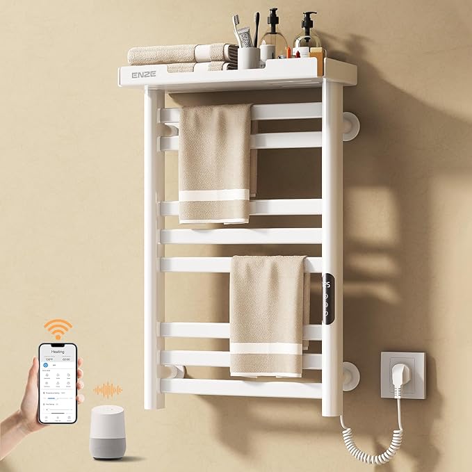 ENZE Heated Towel Rack with Shelf and Wi-Fi App Control, 8 Bars Electric Wall Mounted Towel Warmer with Timer & Adjustable Temperature, Low Carbon Steel, Plug-in/Hardwired, White