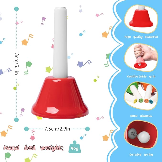 Hand Bells, 8 Note Musical Handbells Set with 17 Songbook Musical Toy Percussion Instrument for Toddlers Children Kids for Children's Day Family Activity School and Church (Upgraded Edition)