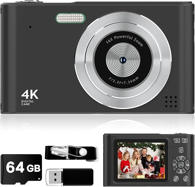 Digital Kids Camera 1080P Vlog Camera with 64GB, Lanyard, 16X Zoom Anti Shake, Card Reader 44MP Compact Portable Point Shoot Digicam for Kid Teen Girl Boy Christmas Halloween Thanksgiving(Black)