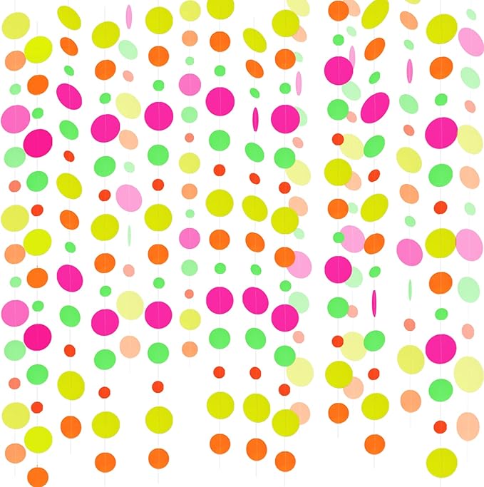 108feet Paper UV Round Dot Neon Garland Blacklight Reactive Glow in The Dark Party Supplies Streamers Glow Fluorescent Hanging Circle Dots Banners for Wedding Birthday Neon Party Decorations