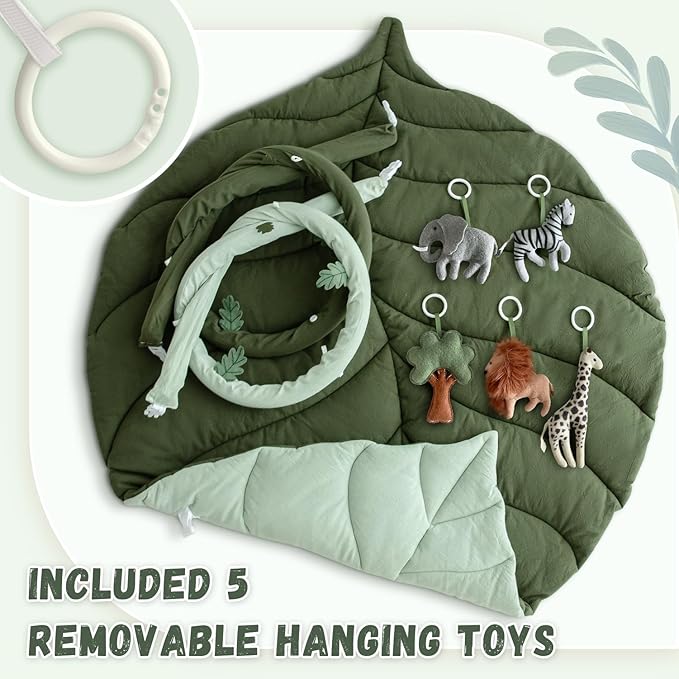 Baby Play Gym with Mat Leaf Shaped, Baby Play Mat with 6 Hanging Toys Tummy Time Mat, Baby Gym Activity Center, Washable (Green)